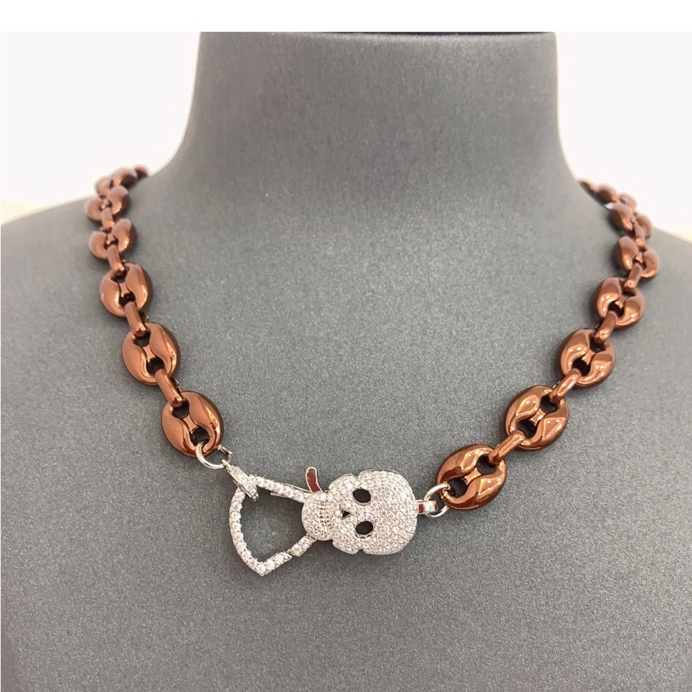 Metallic Chocolate Enamel Necklace with Pave Crystal Skull Clasp.